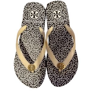Tory Burch Brown & White Patterned Flip Flops, woman size 8, worn 2x - look new